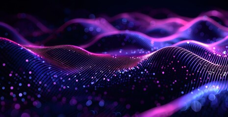 Fototapeta premium Abstract waves of dots in purple and pink colors on a dark background, resembling digital sound waves or a music visualization concept with copy space area for text 