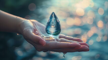 Close-up of hand holding a water drop shaped like Earth, pristine and clean, light minimalist background for World Water Day