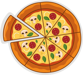 Illustrations of diablo pizza. A top view of a whole, cut and a slice of pizza. Illustration fresh pizza. Vector illustration of pizza. clipart illustration of cut pizza isolated on white or transpare