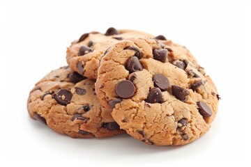 A stack of chocolate chip cookies isolated on a white background, showcasing their deliciously baked texture and inviting, mouth-watering appeal