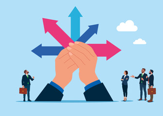 Big arms hold colored arrow pointers indicators. Searching a path. Determination to achieve success. Modern vector illustration in flat style 