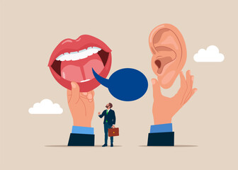 Hands with big ear and lips communicate. Productive dialogue between. Art corporate communication. Flat vector illustration