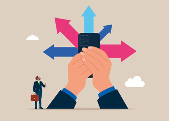 Arms hold smartphone and colored arrow pointers indicators. Looking for his way. Uncertainty. Searching a path. Modern vector illustration in flat style 