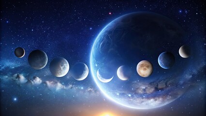 A breathtaking view of a crescent moon shining brightly against a deep indigo night sky, with seven planets arranged in a harmonious pattern, casting a soft