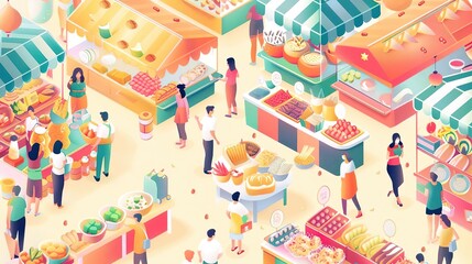 Isometric view of a vibrant street food market with colorful stalls and a variety of local flavors, depicting the authenticity and experience of street food, with copy space for te