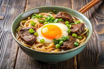Delicious American-style beef noodle soup topped with fried eggs and green onions, American cuisine, soup, pasta, green onions, beef, fried eggs, delicious, comfort food, hearty, flavorful