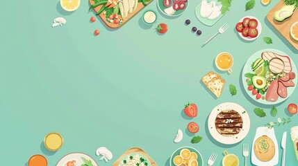 Flat web design of a collage of healthy eating scenes including meal prepping, cooking, and enjoying nutritious foods, suitable for showcasing a balanced lifestyle, with copy space