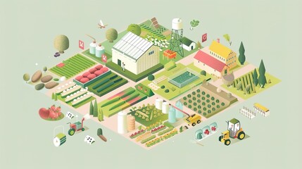 Isometric illustration of a farm with various crops, buildings, and equipment.
