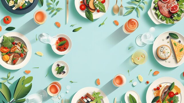 Minimalist flat design of a fine dining poster with images of gourmet dishes, elegant settings, and luxurious ambiance, representing the sophistication and indulgence of fine dinin