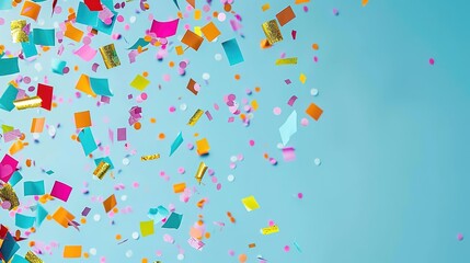 Colorful confetti falling on blue background, festive birthday party decoration. Vibrant celebration atmosphere with multicolored paper pieces. Perfect for parties, celebrations, and joyful events.