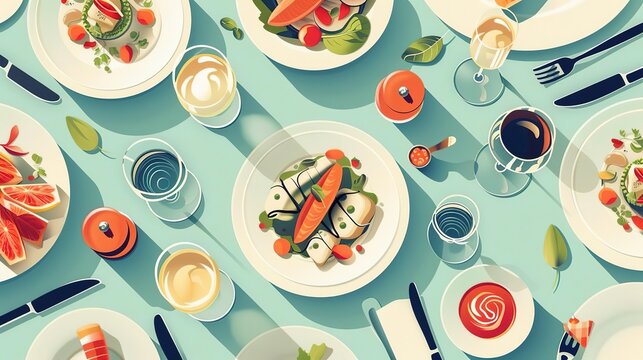 Minimalist flat design of a fine dining poster with images of gourmet dishes, elegant settings, and luxurious ambiance, representing the sophistication and indulgence of fine dinin