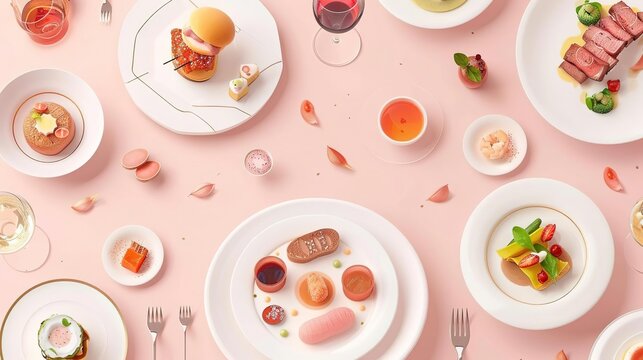 Minimalist flat design of a fine dining poster with images of gourmet dishes, elegant settings, and luxurious ambiance, representing the sophistication and indulgence of fine dinin