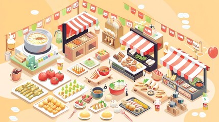 Clean, Isometric illustration of a diverse array of street food stalls, each offering unique and authentic dishes, symbolizing the richness of street food culture, with space for t