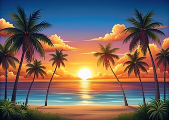 Cartoon panoramic landscape of sunset over ocean with palm trees, cartoon, landscape, panoramic, sunset, ocean, palm trees, colorful, background, tropical, beach, scenery, horizon, tranquil