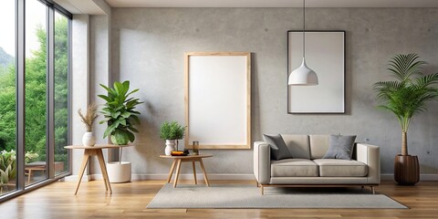 Contemporary modern home space featuring clean minimalist interior with frame mockup, rendered in , modern, contemporary, home, interior, minimalist, clean, frame, mockup, rendering