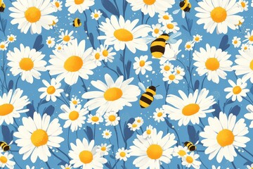 Obraz premium Sunny Garden Whimsy: Seamless Pattern of Daisies and Bumblebees