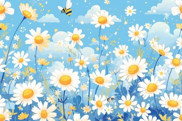 Obraz premium Sunny Garden Whimsy: Seamless Pattern of Daisies and Bumblebees