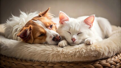 A fluffy white cat peacefully sleeps curled up on a soft, plush dog bed, while a brown and white dog snoozes beside it, their paws gently touching, cat, dog, sleep, nap, rest, cuddle