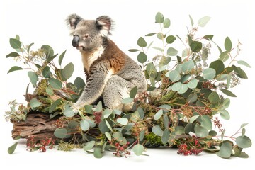 Fototapeta premium Koala sitting on a eucalyptus branch on a white background