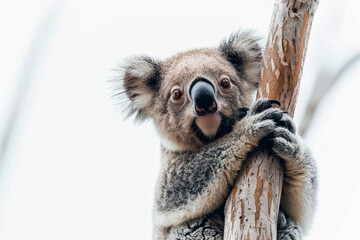 Koala sitting on a eucalyptus branch on a white background