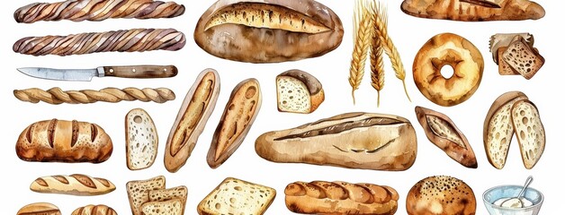 Set of watercolor fresh bread on white background. Bakery products and pastry illustrations.