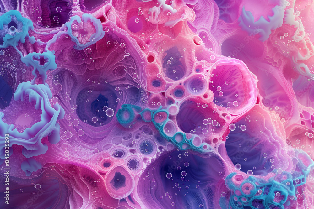 Poster vivid digital artwork representing an abstract cellular structure with vibrant pink and blue hues, i