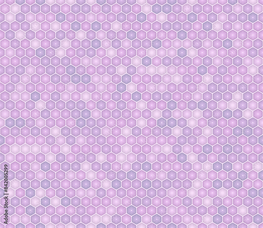 Poster Abstract pattern of hexagon shapes. Purple color tones gradients. Rounded stacked hexagons mosaic cells. Hexagon shapes. Seamless pattern. Tileable vector illustration.