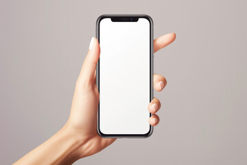 Mock up phone in woman hand showing white screen for business