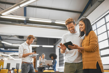 Obraz premium Smile, team and tablet with meeting office for planning, ideas or collaboration as web design of agency growth. Happy, woman and man on digital tech for research, brainstorming or media project