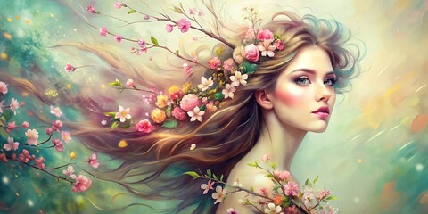 A young woman with flowing hair, her face framed by delicate blossoms