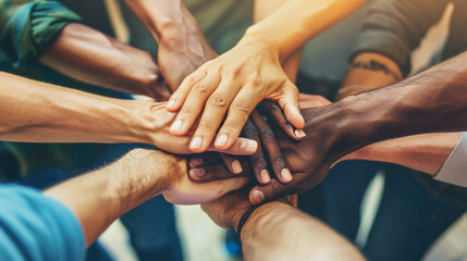Close-up of a diverse group of hands stacked together in solidarity