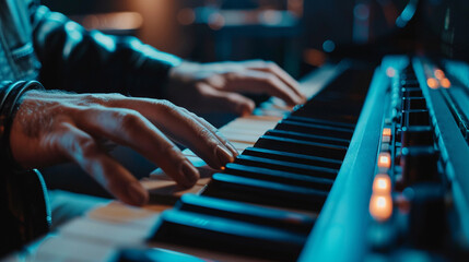 Close-up of a musician's fingers playing piano keys