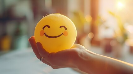 Hand from top perspective grasping a happy smiley emoji sphere, light and airy background, positive vibes radiating
