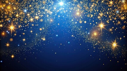 A mesmerizing abstract background with a deep blue backdrop adorned with shimmering gold particles that evoke a celestial night sky, abstract, background, dark blue, gold, particle