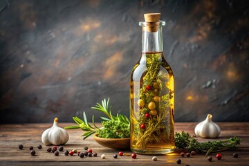 A clear glass bottle filled with golden olive oil with a bouquet of fresh thyme and assorted spices floating inside, isolated against a background, olive oil, thyme, spices, bouquet