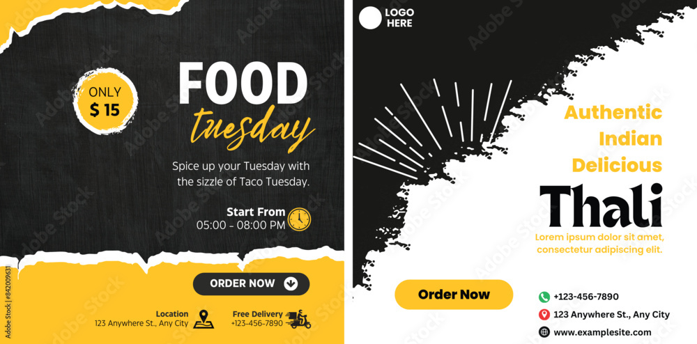Poster food social media post template. vector illustration with plate. set of editable square banner templ - Posters