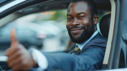 Happy man driving a car in the city