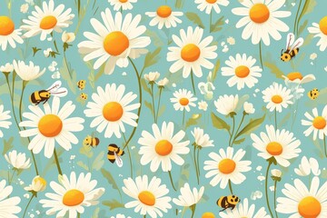 Obraz premium Sunny Garden Whimsy: Seamless Pattern of Daisies and Bumblebees
