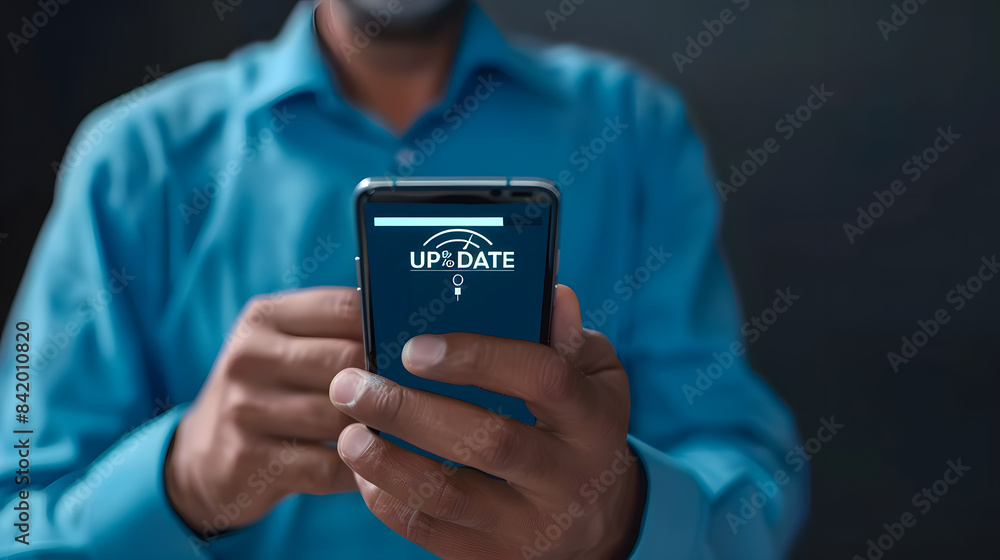 Poster a man in a blue shirt holding his smartphone with a progress bar loading and text 99% update on the 