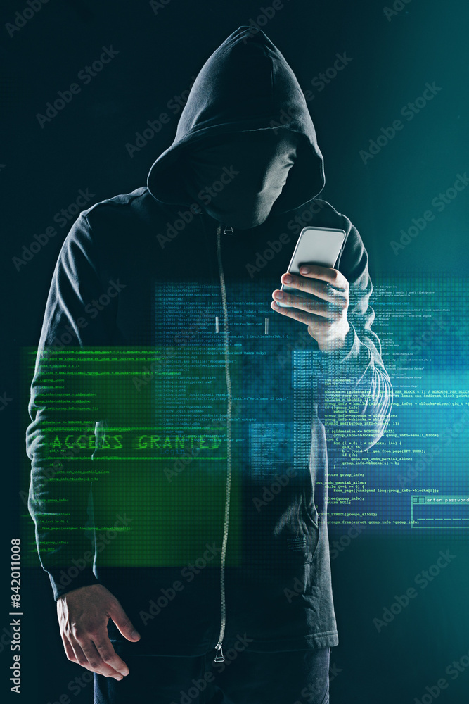 Poster smartphone, hacker and cyber security, internet web technology and man for online cybercrime. data p