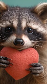 Adorable racoon holding heart on pastel green background. Valentine background Pretty grey mammal hugging pink red heart Wildlife animal, love concept Happy Valentine's Day Space for text 4k video 