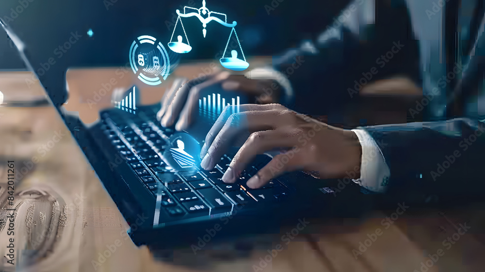 Poster a man types on his laptop. with law icons floating above the keyboard and an icon of scales in balan