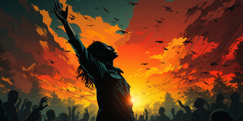 A person breaking free from chains of slavery amidst black, green, red and yellow colors, symbolizing liberation, Juneteenth concept, creative illustration, flat style.