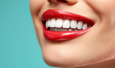 Fototapeta premium Close up white female teeth, healthy woman smile mouth. Dental clinic patient, teeth whitening illustration, healthy gums banner, stomatology ad concept, space for your text.