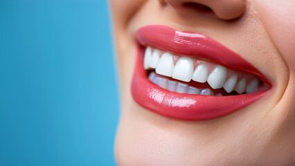 Naklejka premium Close up white female teeth, healthy woman smile mouth. Dental clinic patient, teeth whitening illustration, healthy gums banner, stomatology ad concept, space for your text.