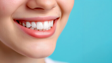 Obraz premium Close up white female teeth, healthy woman smile mouth. Dental clinic patient, teeth whitening illustration, healthy gums banner, stomatology ad concept, space for your text.