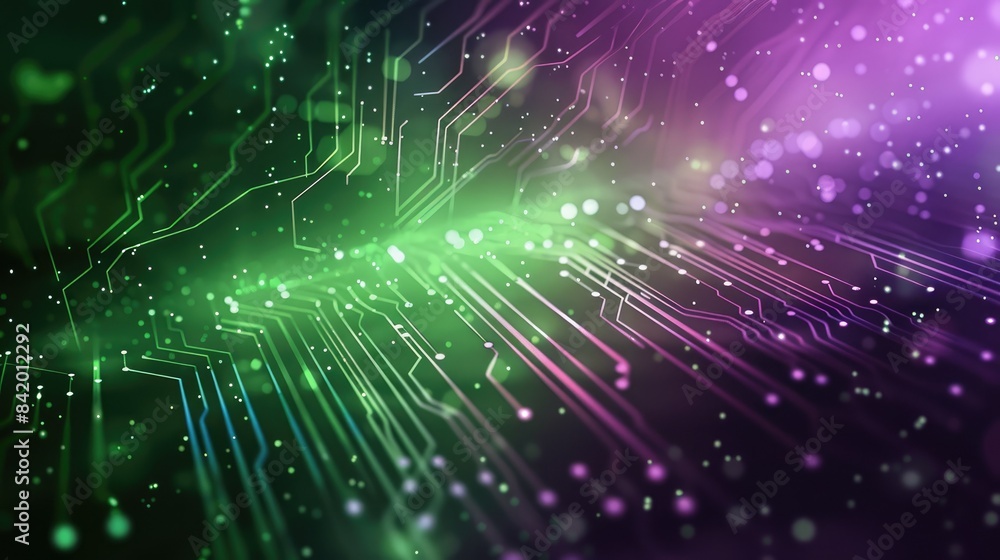 Poster the image is a circuit board with green and purple lights. the circuit board is in the center of the