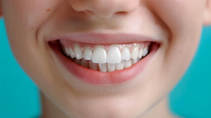 Fototapeta premium Close up white female teeth, healthy woman smile mouth. Dental clinic patient, teeth whitening illustration, healthy gums banner, stomatology ad concept, space for your text.