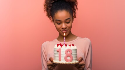 A young woman is joyfully celebrating her 18th birthday with a cake and a lit candle on a bright pink background, signifying a cheerful transition to adulthood and a special milestone in her life