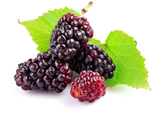 Bunch of mulberries with green leaf on a white background.